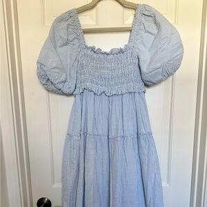 Light Blue Smocked Puff-Sleeve Casual Dress